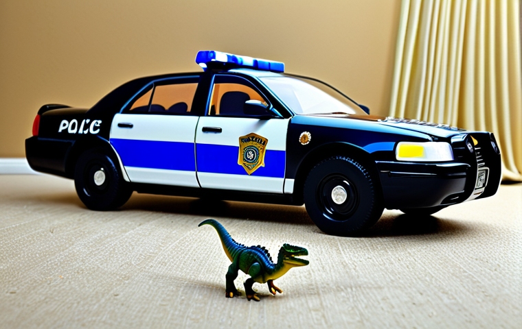 **

"A T-Rex "Jurrasic Cop" figure transforming into a police car, displayed on a child's bedroom floor amongst other toys. Bright colors, dynamic pose, action shot, realistic toy texture, safe for work, appropriate content, fully clothed, professional lighting, perfect anatomy, natural proportions, family-friendly."

**